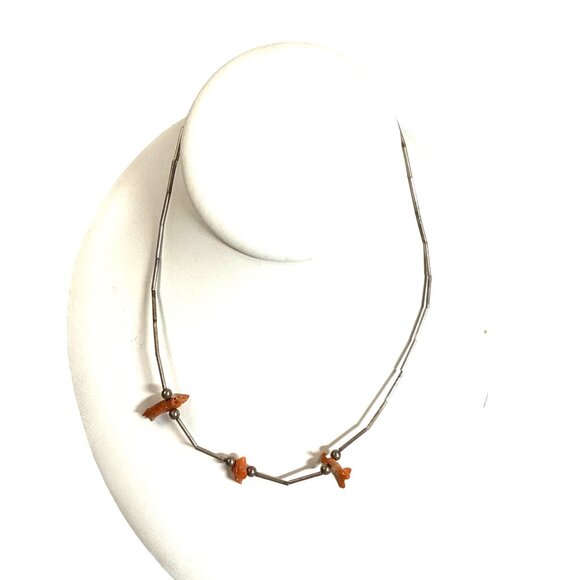 Vintage 1970s Coral Bead Necklace Silver Tube Native Style 16" Retro - Picture 3 of 6